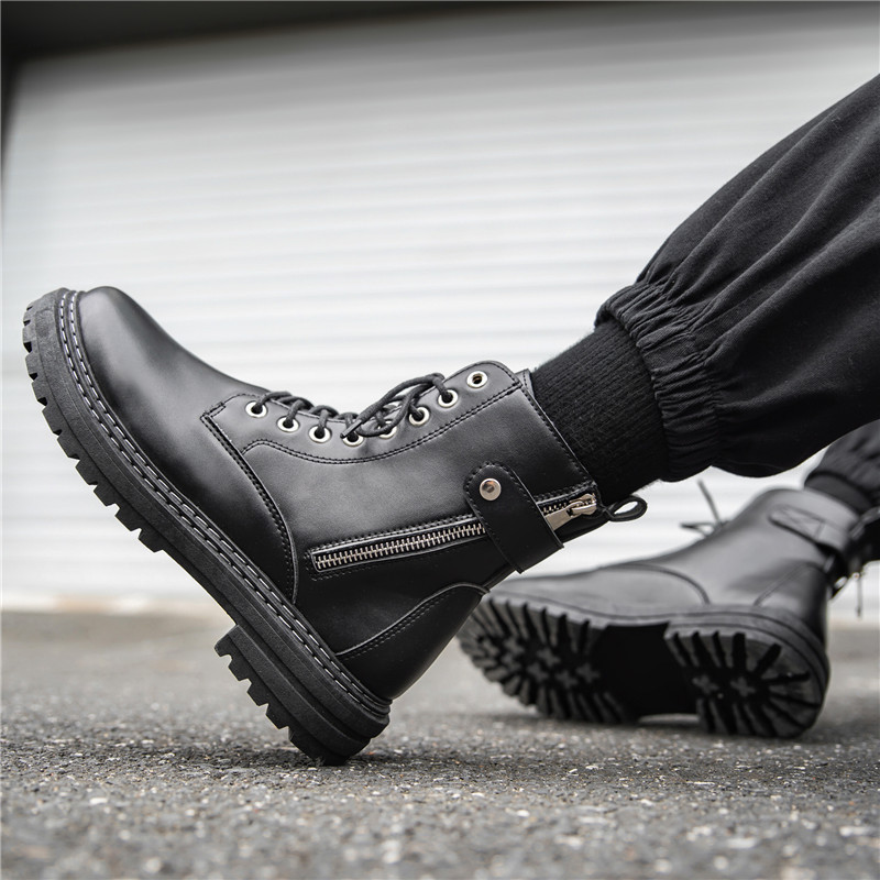 Visoko izrezane čizme na vezanje u britanskom stilu Modne crne kožne čizme za vanjsku upotrebu Ležerne muške motociklističke čizme s patentnim zatvaračem