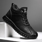 Pánske čižmy, plné čierne šnurovacie mäkké pohodlné trendy univerzálne pracovné topánky, protišmyková ležérna kožená pánska obuv, obľúbený model