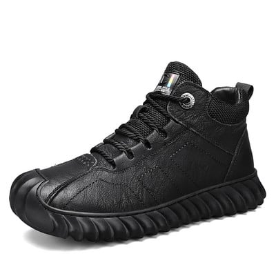 Pánske čižmy, plné čierne šnurovacie mäkké pohodlné trendy univerzálne pracovné topánky, protišmyková ležérna kožená pánska obuv, obľúbený model