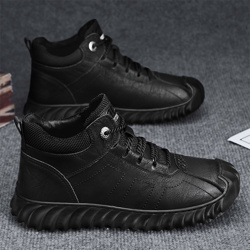 Pánske čižmy, plné čierne šnurovacie mäkké pohodlné trendy univerzálne pracovné topánky, protišmyková ležérna kožená pánska obuv, obľúbený model