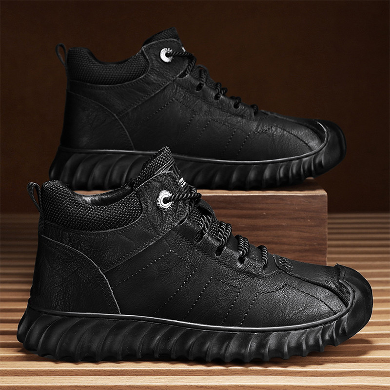 Pánske čižmy, plné čierne šnurovacie mäkké pohodlné trendy univerzálne pracovné topánky, protišmyková ležérna kožená pánska obuv, obľúbený model