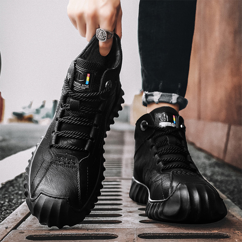 Pánske čižmy, plné čierne šnurovacie mäkké pohodlné trendy univerzálne pracovné topánky, protišmyková ležérna kožená pánska obuv, obľúbený model