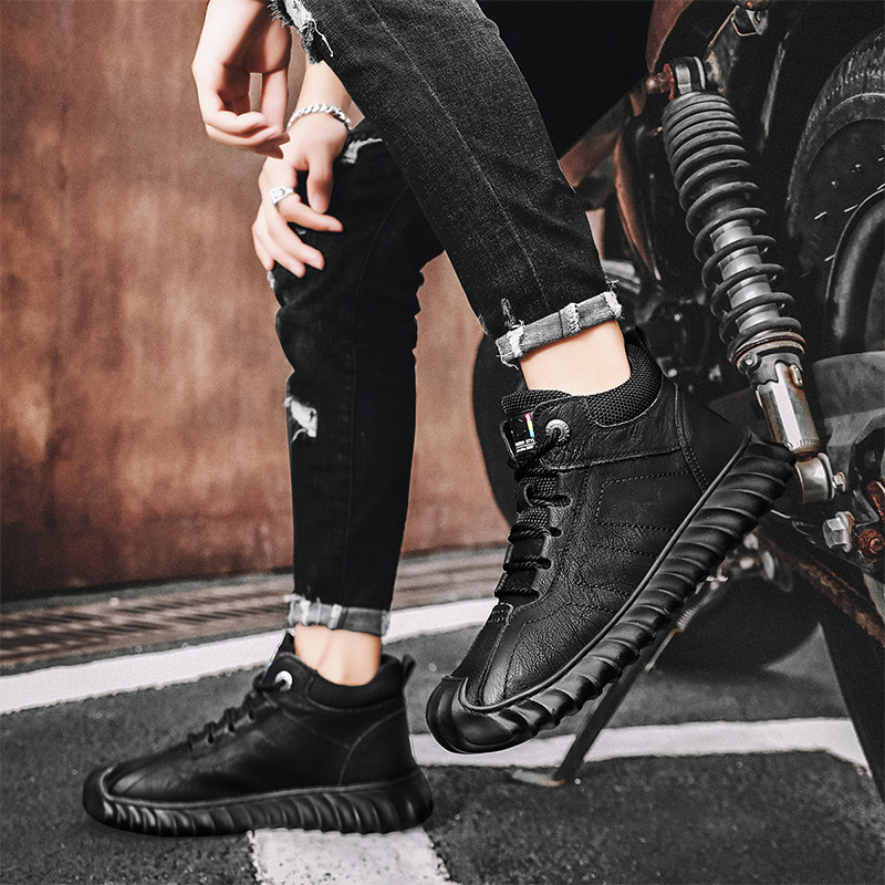 Pánske čižmy, plné čierne šnurovacie mäkké pohodlné trendy univerzálne pracovné topánky, protišmyková ležérna kožená pánska obuv, obľúbený model