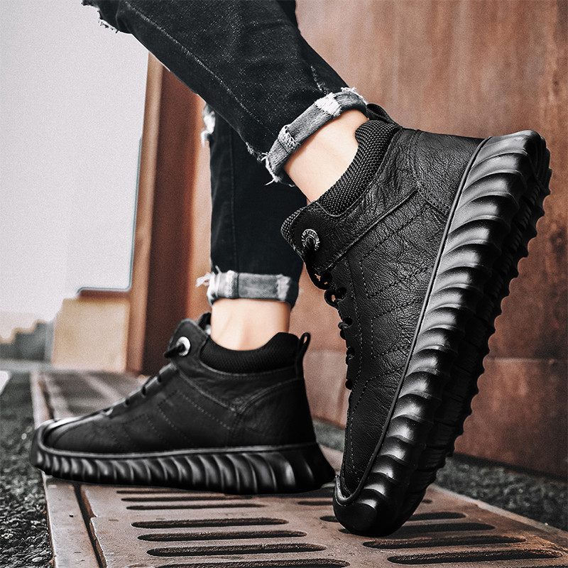Pánske čižmy, plné čierne šnurovacie mäkké pohodlné trendy univerzálne pracovné topánky, protišmyková ležérna kožená pánska obuv, obľúbený model