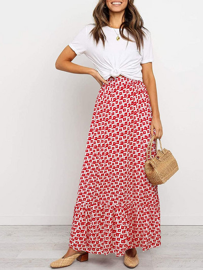 Fusta boemă de vară pentru femei, tiv cu volane, imprimeu geometric, talie înaltă, fuste lungi, linie A, de vacanță, club de plajă, îmbrăcăminte de stradă Y2k