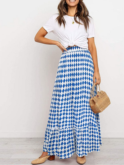Fusta boemă de vară pentru femei, tiv cu volane, imprimeu geometric, talie înaltă, fuste lungi, linie A, de vacanță, club de plajă, îmbrăcăminte de stradă Y2k
