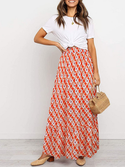 Fusta boemă de vară pentru femei, tiv cu volane, imprimeu geometric, talie înaltă, fuste lungi, linie A, de vacanță, club de plajă, îmbrăcăminte de stradă Y2k