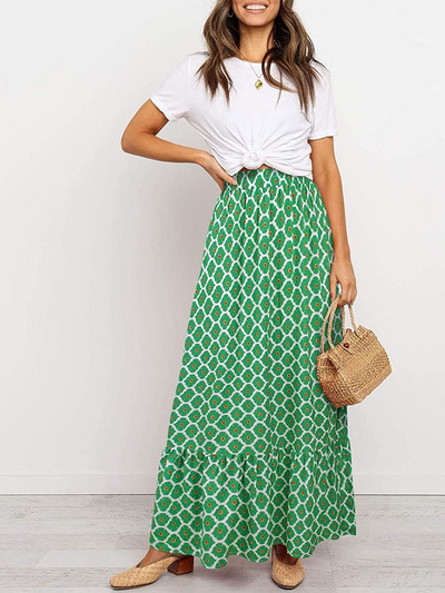 Fusta boemă de vară pentru femei, tiv cu volane, imprimeu geometric, talie înaltă, fuste lungi, linie A, de vacanță, club de plajă, îmbrăcăminte de stradă Y2k