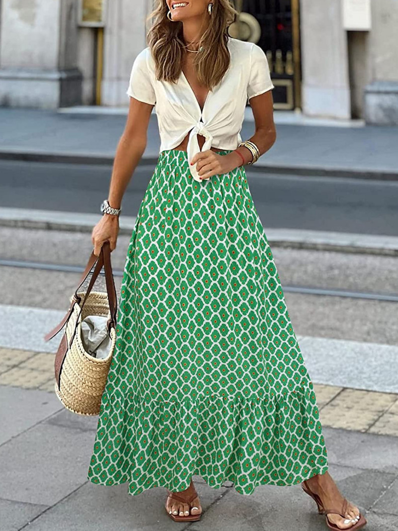 Fusta boemă de vară pentru femei, tiv cu volane, imprimeu geometric, talie înaltă, fuste lungi, linie A, de vacanță, club de plajă, îmbrăcăminte de stradă Y2k