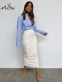 Artsu Elegant Fashion Ruched PU Δερμάτινες φούστες Midi Γυναικεία Clubwear Party Γραφείο Γυναικεία ψηλόμεση φούστες κάτω ρούχα