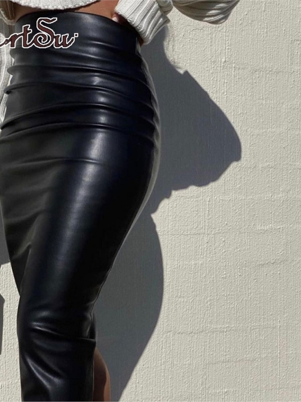Artsu Elegant Fashion Ruched PU Δερμάτινες φούστες Midi Γυναικεία Clubwear Party Γραφείο Γυναικεία ψηλόμεση φούστες κάτω ρούχα