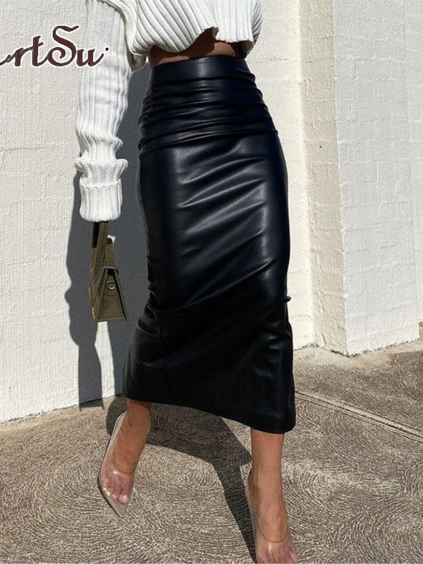 Artsu Elegant Fashion Ruched PU Δερμάτινες φούστες Midi Γυναικεία Clubwear Party Γραφείο Γυναικεία ψηλόμεση φούστες κάτω ρούχα