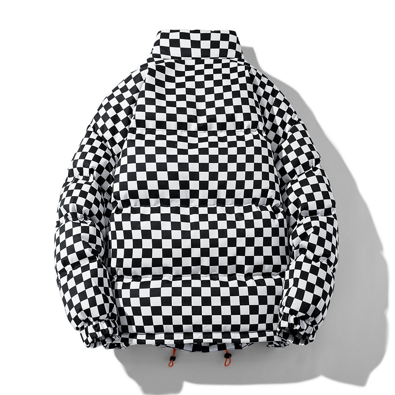 Pánska prešívaná bunda v japonskom štýle s kontrastnou teplou kockovanou retro parkou, zimná streetwear nadrozmerná kockovaná bublinková bunda