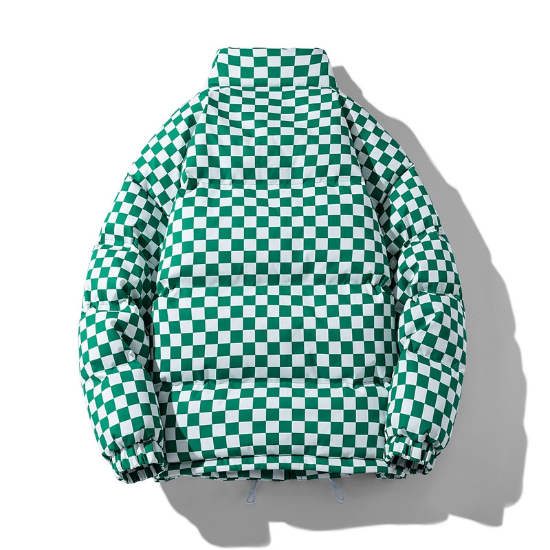 Pánska prešívaná bunda v japonskom štýle s kontrastnou teplou kockovanou retro parkou, zimná streetwear nadrozmerná kockovaná bublinková bunda