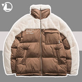 Parka de iarnă din lână de miel mozaic Bărbați High Street Casual Gros, caldă, jachetă din bumbac pentru colegiu, femei, largi, bloc de culoare, Windbrer Nou
