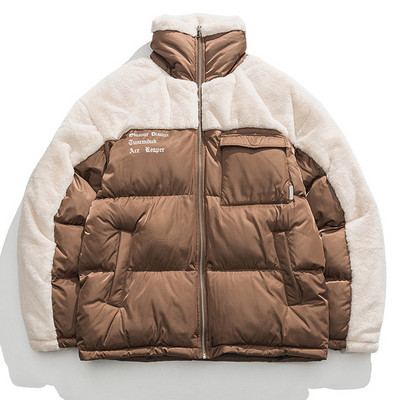 Parka de iarnă din lână de miel mozaic Bărbați High Street Casual Gros, caldă, jachetă din bumbac pentru colegiu, femei, largi, bloc de culoare, Windbrer Nou