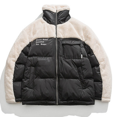 Parka de iarnă din lână de miel mozaic Bărbați High Street Casual Gros, caldă, jachetă din bumbac pentru colegiu, femei, largi, bloc de culoare, Windbrer Nou