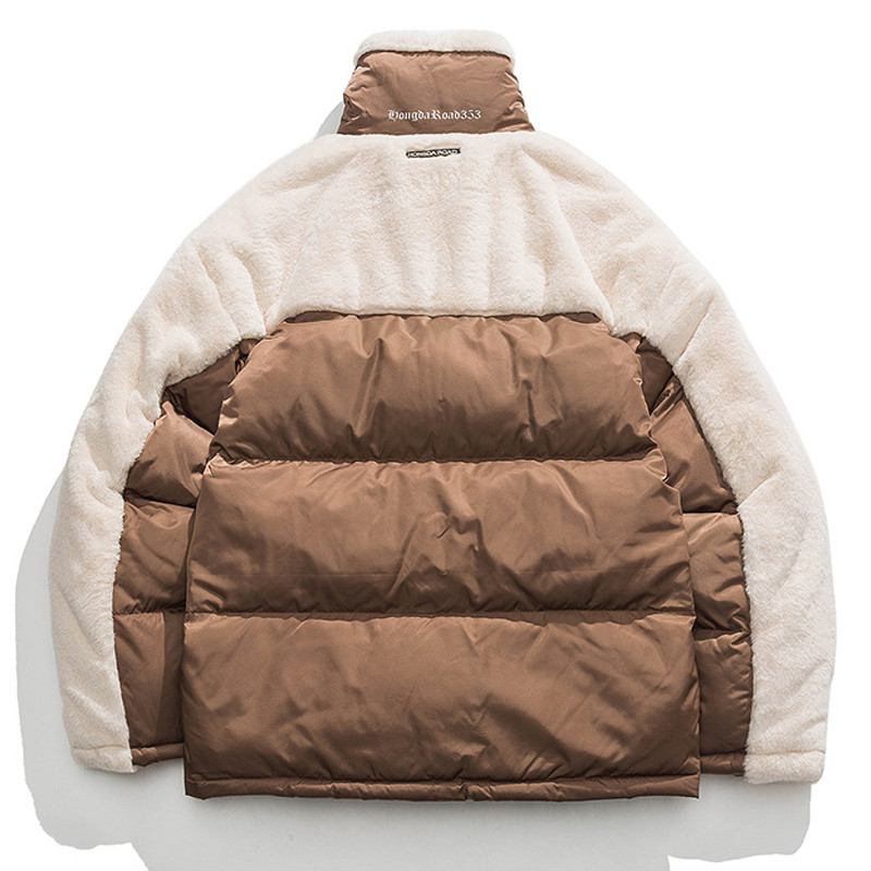 Parka de iarnă din lână de miel mozaic Bărbați High Street Casual Gros, caldă, jachetă din bumbac pentru colegiu, femei, largi, bloc de culoare, Windbrer Nou