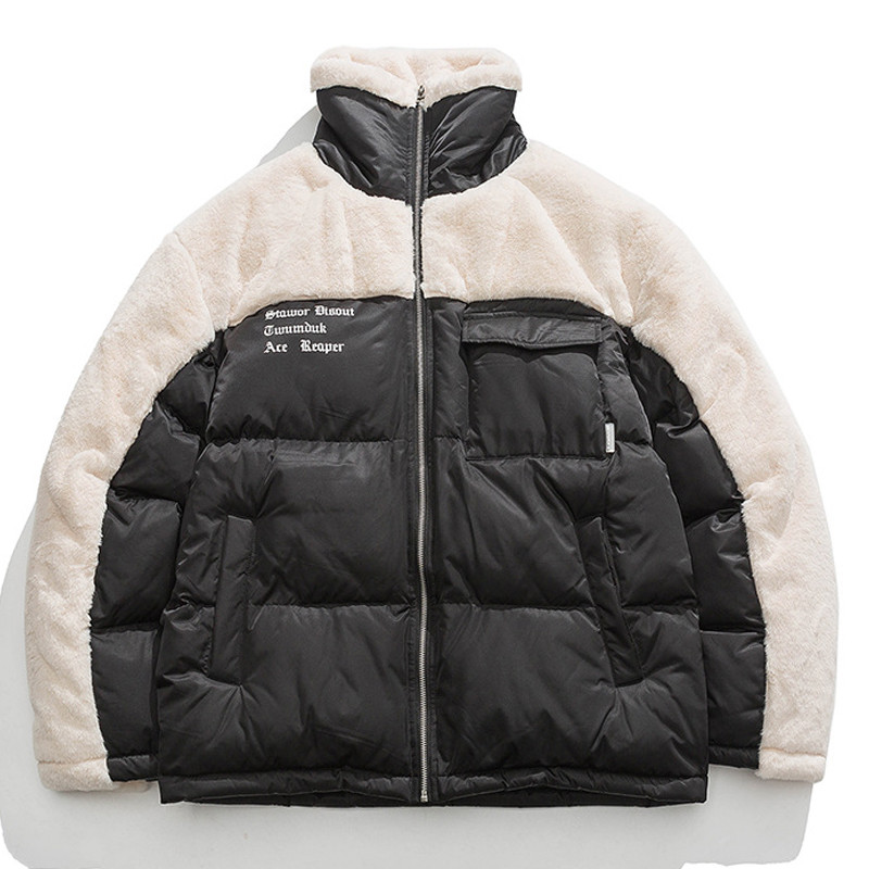 Parka de iarnă din lână de miel mozaic Bărbați High Street Casual Gros, caldă, jachetă din bumbac pentru colegiu, femei, largi, bloc de culoare, Windbrer Nou