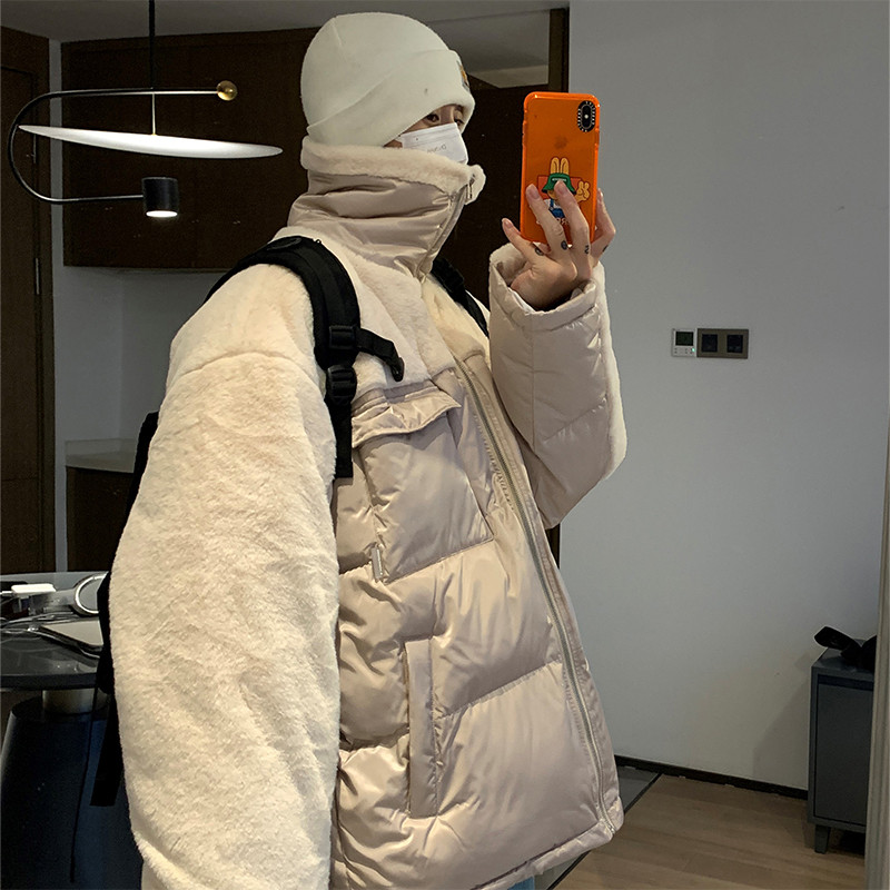 Parka de iarnă din lână de miel mozaic Bărbați High Street Casual Gros, caldă, jachetă din bumbac pentru colegiu, femei, largi, bloc de culoare, Windbrer Nou