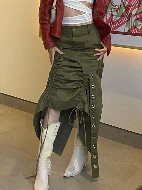 Grunge punk suknja s uzicom s naborima Ženska nepravilna midi suknja visokog struka Jednobojna gotička ljetna jesenska suknja Ženska