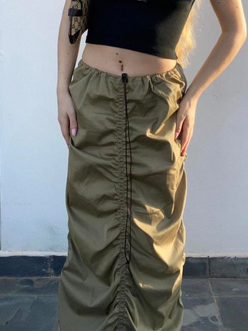 Cuteandpsycho Vintage Drawstring Cargo Φούστες Fairycore Y2K Shirring Aesthetic Maxi Skirts Fashion Στερεά ρούχα Grunge της δεκαετίας του 2000