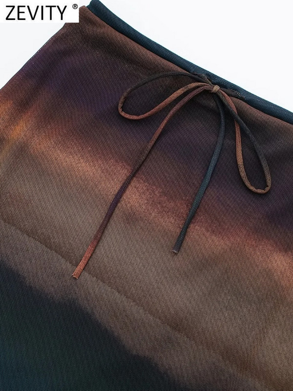 Zevity Women Vintage Spalvotas Spausdinti Tinklelis Tiesus Midi Sijonas Faldas Mujer Moteriškas Prašmatnus lankelis, Kasdieniai Vestidos QUN3009