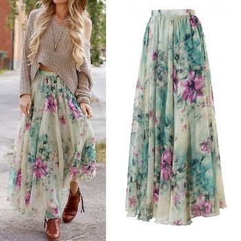 Δώρο Boho Women Floral Jersey Gypsy Long Maxi Ολόσωμη φούστα Καλοκαιρινή φούστα ήλιου για διακοπές Casual μόδα φούστα