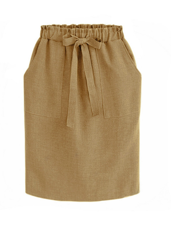 Vară Toamnă Fuste Midi Elegante Fusta Creion birou Bumbac Pachet cu talie elastică Fusta șold Fusta cu fundă Verde