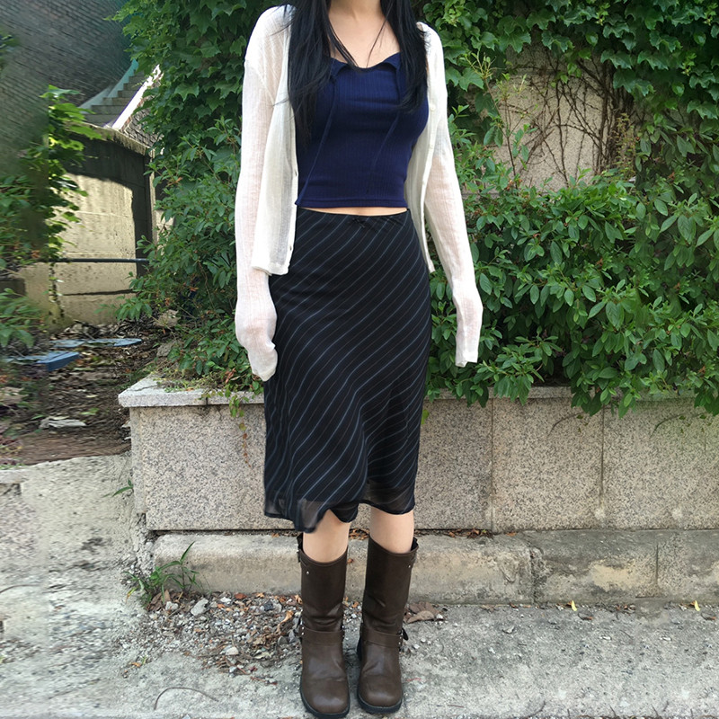 IAMHOTTY Y2K ριγέ σιφόν μίντι φούστα Fairycore Grunge ίσιες μακριές φούστες Vintage αισθητικής φιόγκος Ψηλόμεση φούστες Holiday