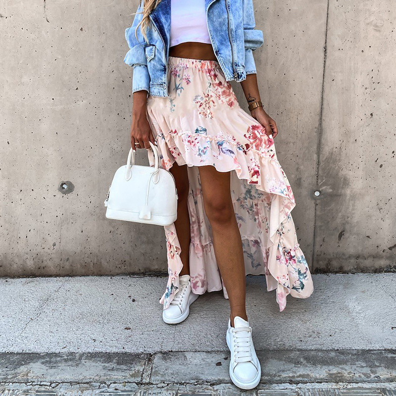 Ženska duga suknja u ljetnom stilu za plažu Ležerna suknja visokog struka s cvjetnim uzorkom Ins Novodošla suknja Boemska asimetrična