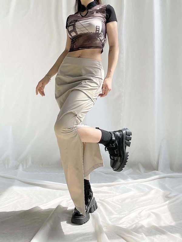 Dlhá skladaná sukňa pre ženy, oblečenie s bočným rozparkom, ležérne, streetwear, tkané, esteticky elegantné, módne, sukne Y2k, sexy, pre ženy, dĺžka po členky