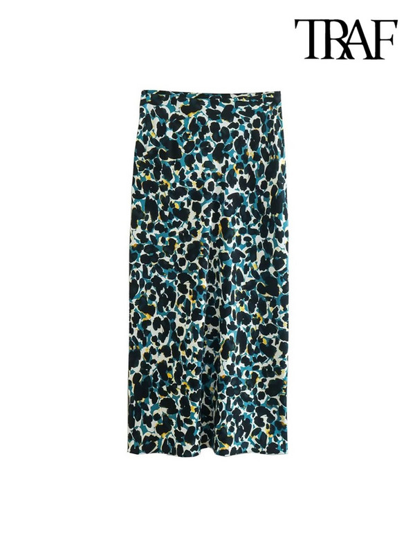 TRAF Ženska moda s nabranim prednjim prorezom Midi suknja sa životinjskim printom Vintage Ženske suknje visokog struka sa patentnim zatvaračem Mujer