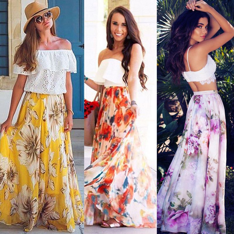 2019 Νέο στιλ γυναικεία στάμπα καλοκαιρινής μόδας με ψηλόμεσο κάλυμμα παραλίας μακριά φούστα σπαστό Μακριές φούστες Hot casual