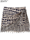 Zevity Γυναικεία Vintage Γεωμετρική στάμπα με κόμπους Mini Sarong φούστα Faldas Mujer Γυναικεία φούντα με χάντρες Casual Zipper Vestidos QUN4078