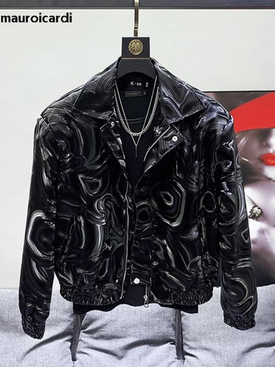 Mauroicardi Primăvară Toamnă Cool Scurt Negru Strălucitor Geometric Geometrică Bomber Jachetă Bărbați Fermoar Haine de designer de lux elegant