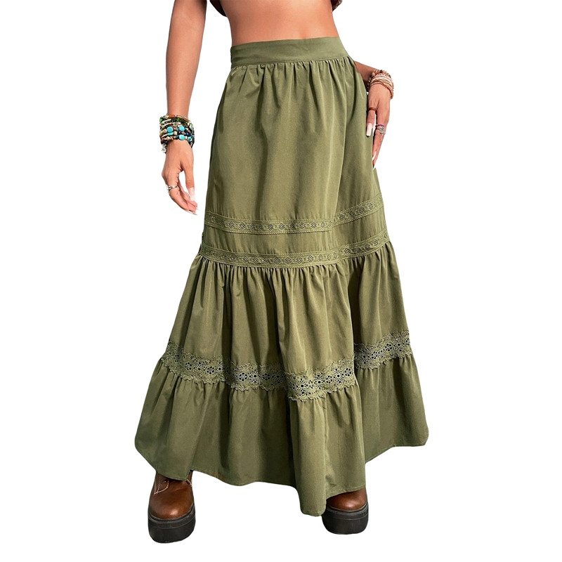 Anii `90 Vintage fuste plisate verde, moda coreeană, vacanță, boho, talie înaltă, fuste lungi, retro Y2K Fairycore, haine drăguțe cu dantelă