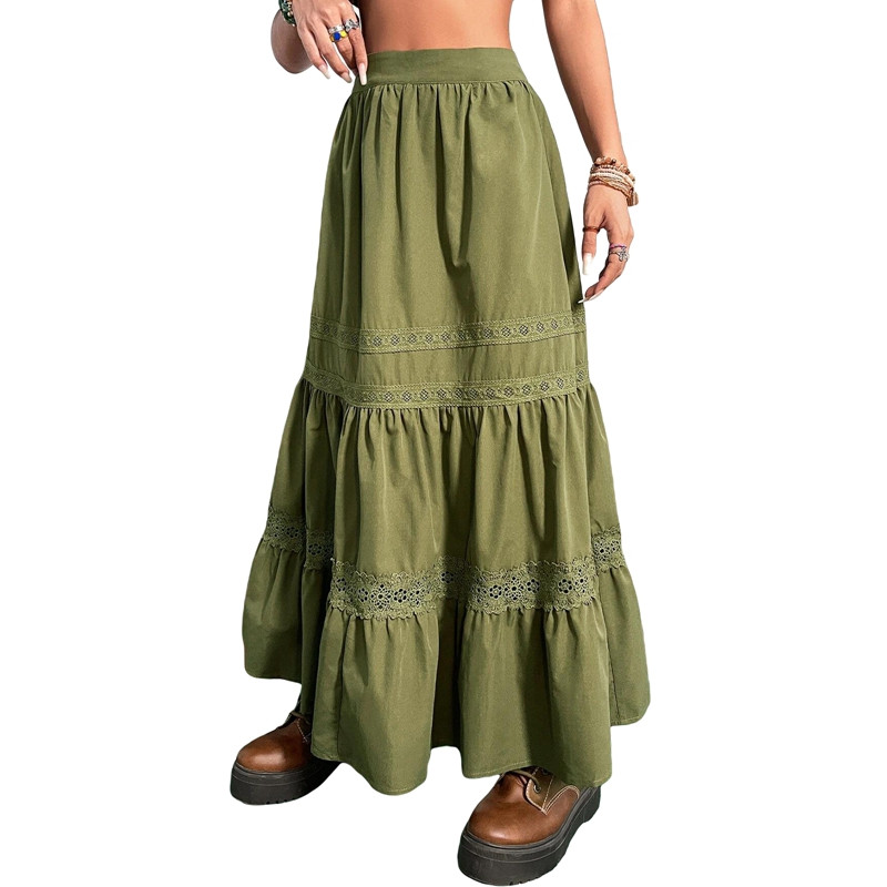 Anii `90 Vintage fuste plisate verde, moda coreeană, vacanță, boho, talie înaltă, fuste lungi, retro Y2K Fairycore, haine drăguțe cu dantelă