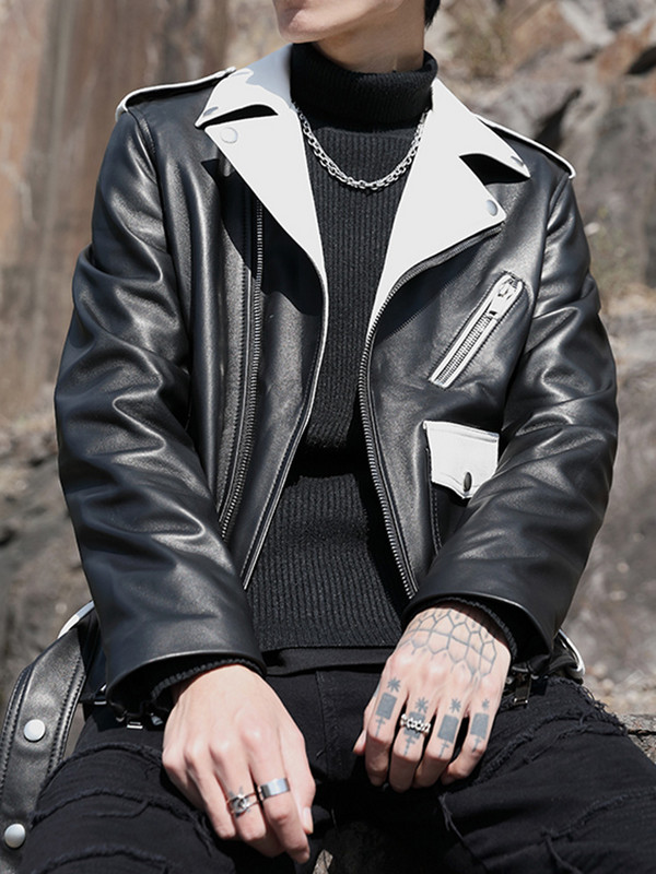 Sungtin Ολοκαίνουργιο ανδρικό δερμάτινο μπουφάν μοτοσυκλέτας PU για άντρες Casual συνονθύλευμα ψεύτικο δερμάτινο μπουφάν Μαύρο Λευκό Φαρδύ παλτό Streetwear