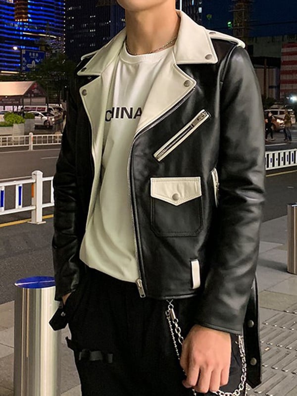 Sungtin Ολοκαίνουργιο ανδρικό δερμάτινο μπουφάν μοτοσυκλέτας PU για άντρες Casual συνονθύλευμα ψεύτικο δερμάτινο μπουφάν Μαύρο Λευκό Φαρδύ παλτό Streetwear