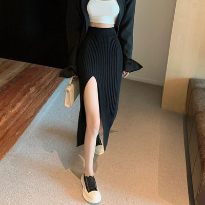Lucyever Σέξι Split Bodycon μακριά φούστα για γυναίκες Κομψή λεπτή εφαρμογή Ψηλόμεση φούστες Γυναικεία Pure Desire Hot Girl Knitted