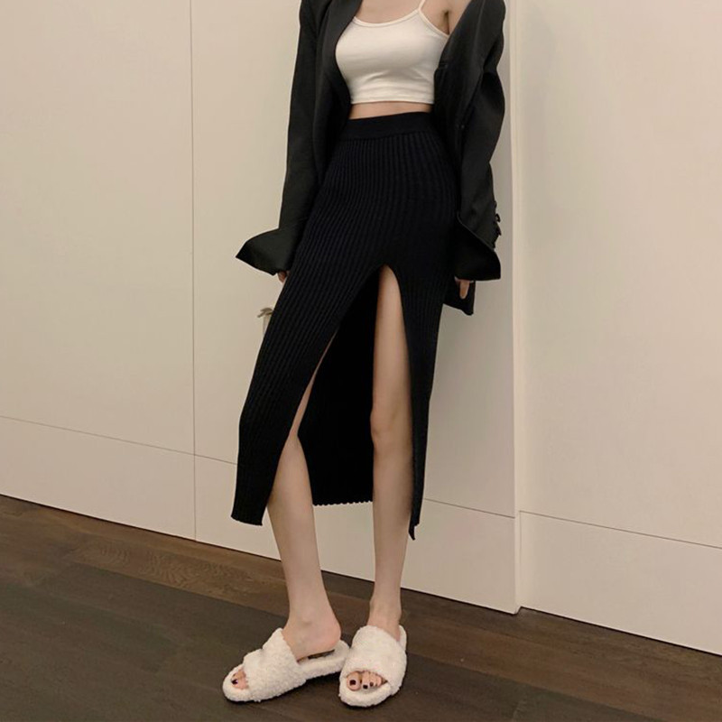 Lucyever Seksi duge ženske suknje s podijeljenim krojem Elegantne uske suknje visokog struka Ženska pletena suknja Pure Desire Hot Girl