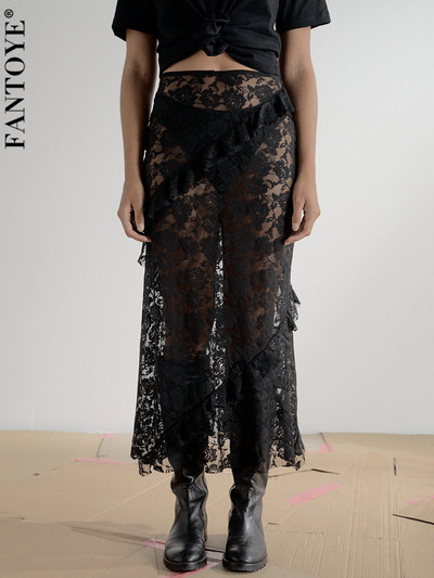 Fantoye Sexy See Through Lace Γυναικεία φούστα Μαύρη ψηλόμεση Floral Y2k Φούστα Femme Summer Casual Vacation Outside Streetwear 2023