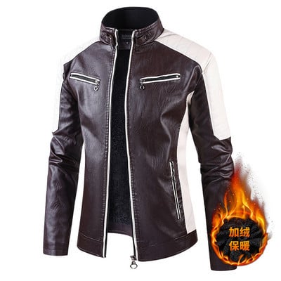 Ανδρικά Stand γιακά Moto Δερμάτινα μπουφάν Fleece Winter Jackets Slim Fit Δερμάτινα παλτό PU Υψηλής ποιότητας Ανδρική μόδα Casual μπουφάν 5