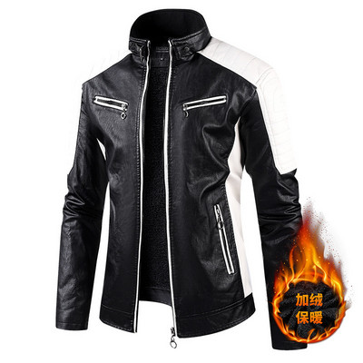 Ανδρικά Stand γιακά Moto Δερμάτινα μπουφάν Fleece Winter Jackets Slim Fit Δερμάτινα παλτό PU Υψηλής ποιότητας Ανδρική μόδα Casual μπουφάν 5