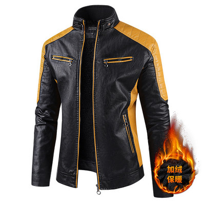 Ανδρικά Stand γιακά Moto Δερμάτινα μπουφάν Fleece Winter Jackets Slim Fit Δερμάτινα παλτό PU Υψηλής ποιότητας Ανδρική μόδα Casual μπουφάν 5