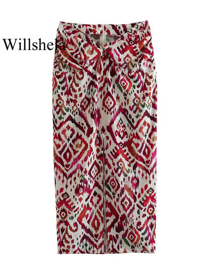 Willshela Ženska moda s otisnutim čvorovima, prednjim prorezom i stražnjim patentnim zatvaračem, starinske midi suknje visokog struka, ženska šik ženska suknja