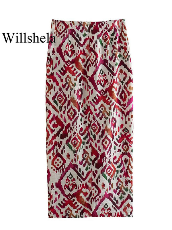 Willshela Ženska moda s otisnutim čvorovima, prednjim prorezom i stražnjim patentnim zatvaračem, starinske midi suknje visokog struka, ženska šik ženska suknja