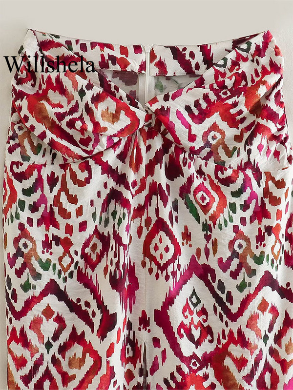 Willshela Ženska moda s otisnutim čvorovima, prednjim prorezom i stražnjim patentnim zatvaračem, starinske midi suknje visokog struka, ženska šik ženska suknja