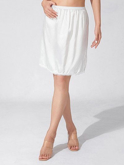 Women`s Fashion Solid Color Skirts Elastic Waist Satin Underskirt Lace Trim Skirt for Under Dresses Black/White
